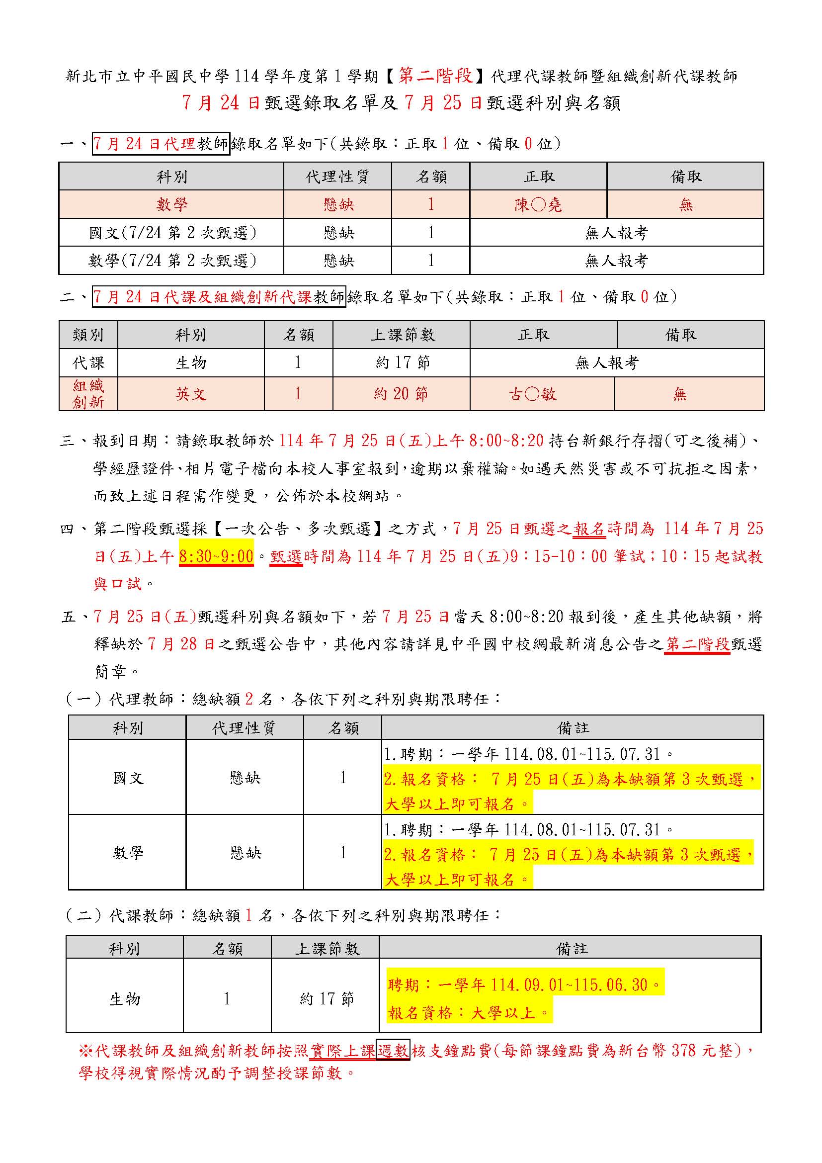 114 1第二階段7月24日代理代課教師甄選錄取名單及7月25日甄選科別與名額1140724